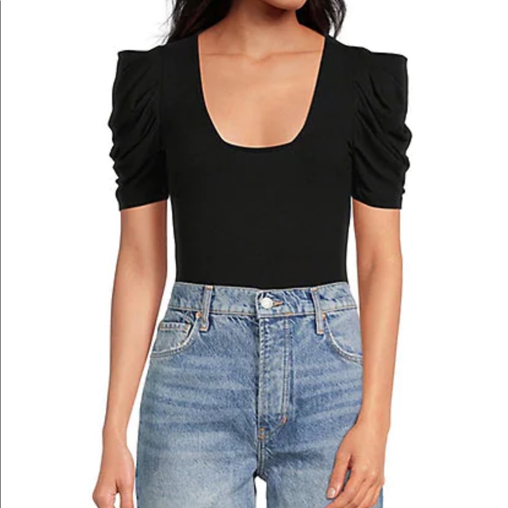 Free People Black Rouched Puff Sleeves Short Sleeve Body Suit, Size L